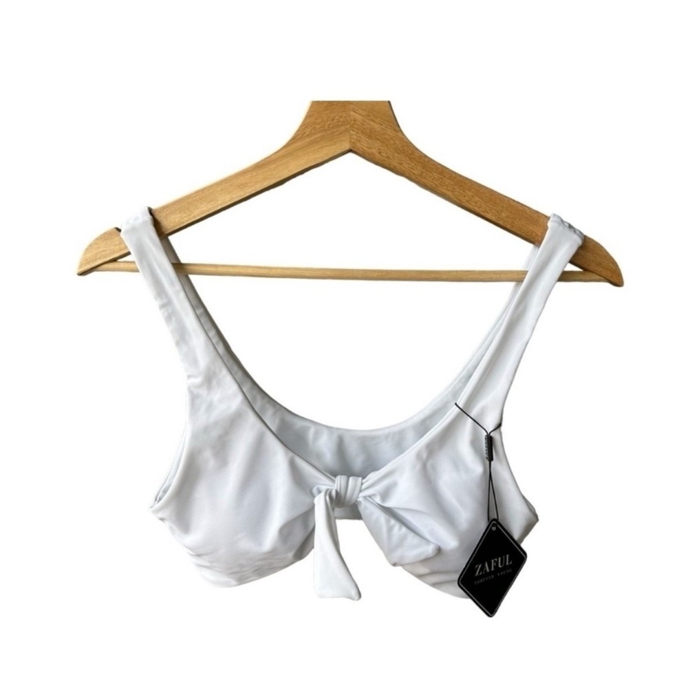 Zaful Bikini Top Swimsuit Bra White Front Tie Scoop Neck Festival Beach New 6